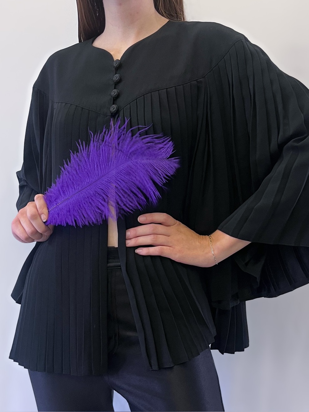 1980s or 90s Simon Chang Black Pleated Tunic Top